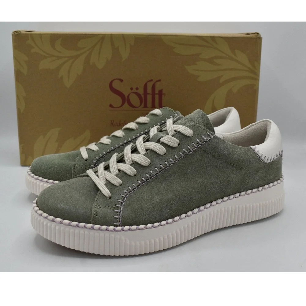 Sofft Frazier Sneaker Women 11 Hedge Green White Suede Platform Shoes NWB